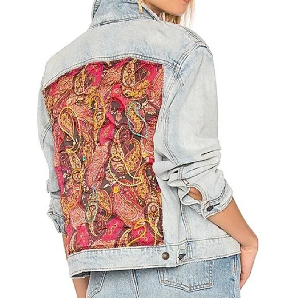 Free People Light Wash Denim Jacket Paisley Quilted Back Panel XS/S Boho Trucker - Picture 2 of 13